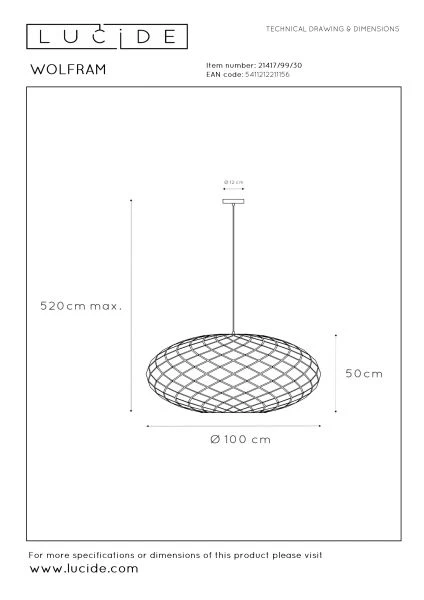 Lucide WOLFRAM - Hanglamp - Ø 100 cm - 3xE27 - Zwart - technisch